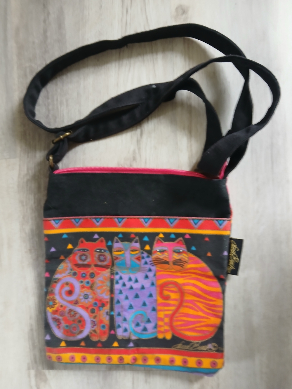 Black Shoulder Bag with Colorful Cat Design Laurel  Burch